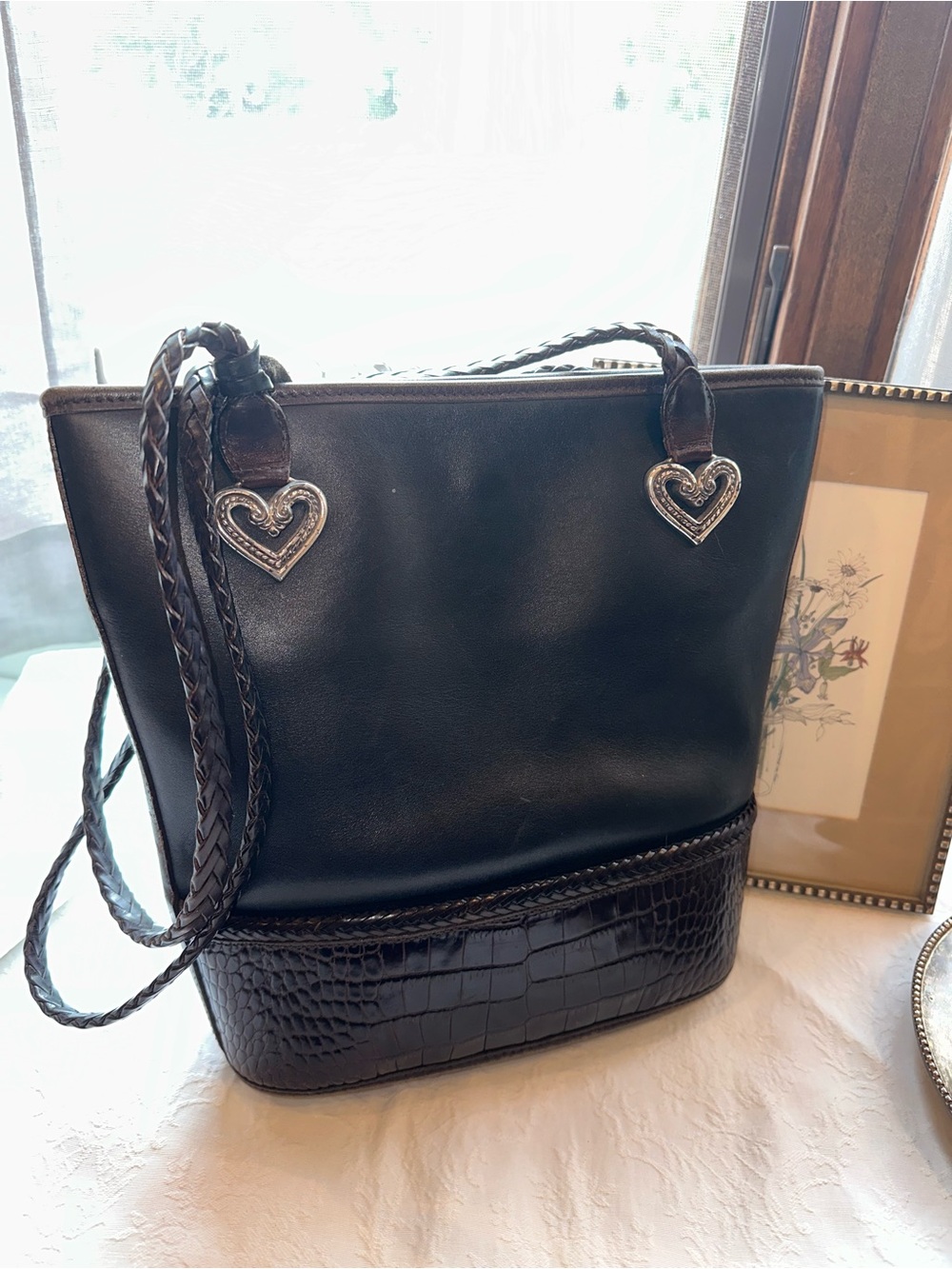Vintage Black Leather Tote w/ Braided Straps, Heart Conchos & Croc Embossed Base